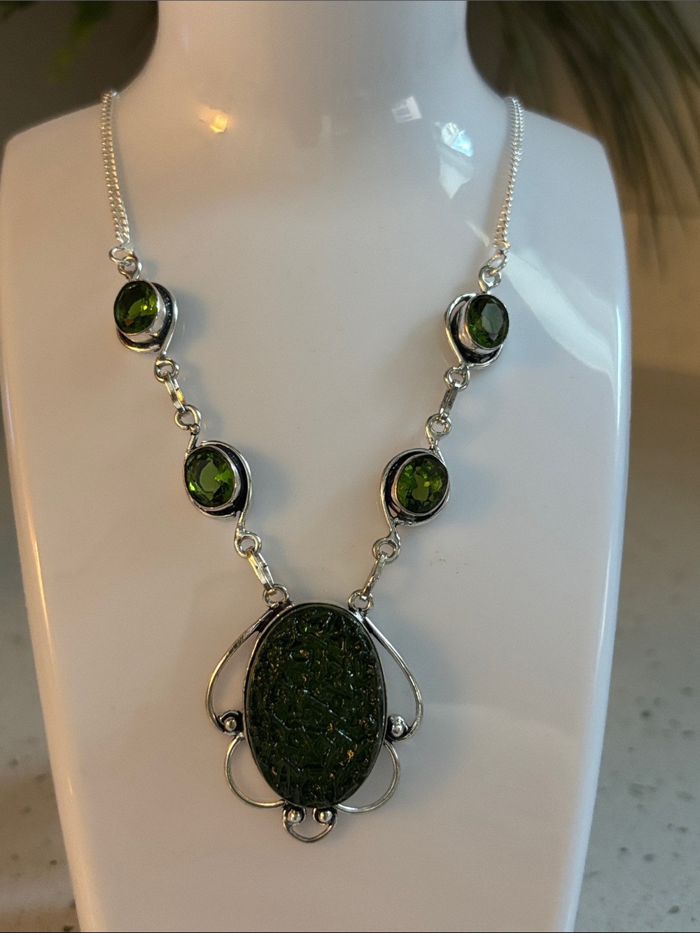 Sterling Silver Green Moldavite Glass & Peridot Gemstone Link Statement Necklace